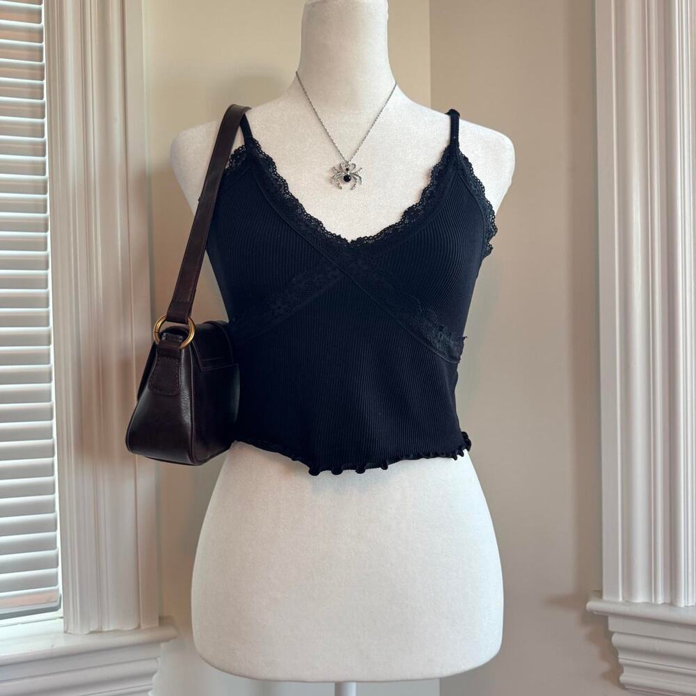 Unbranded y2k inspired lace trimmed black cami cropped top